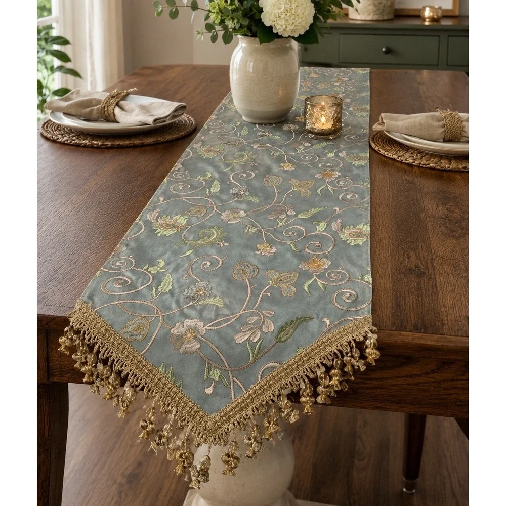 Canaan Company Sage Green Faux Suede Embroidered Floral Beaded Tassel Table‎ Run